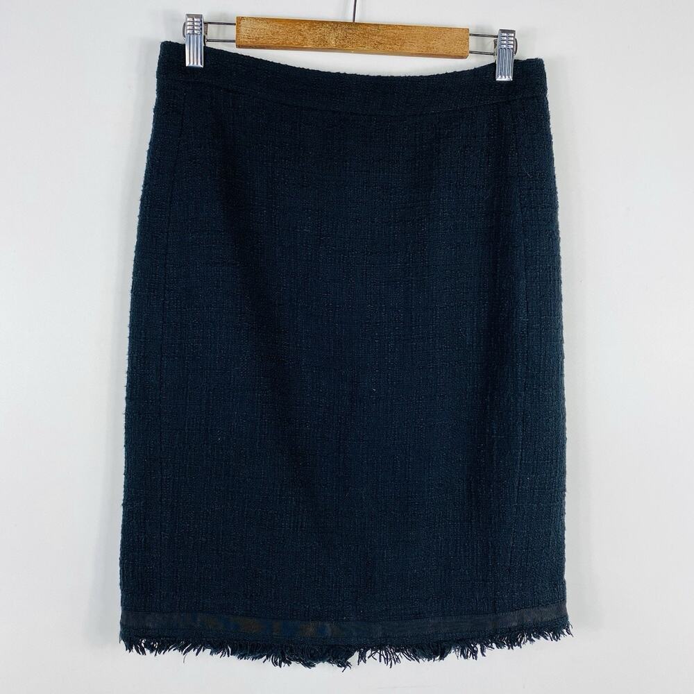 J. Crew Skirt 6 Black Tweed Nubby Fringe Hem Straight Pencil 100% Cotton